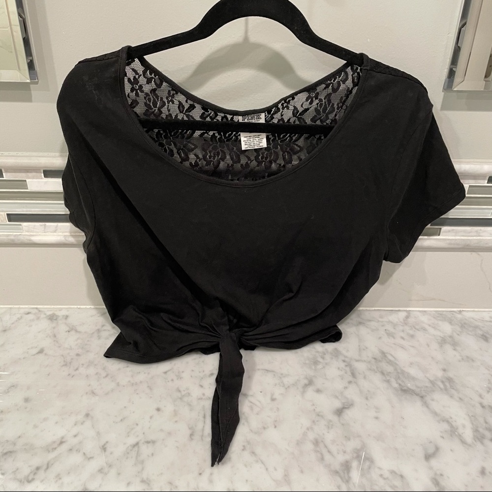 vs pink black shirt sleeve lace top